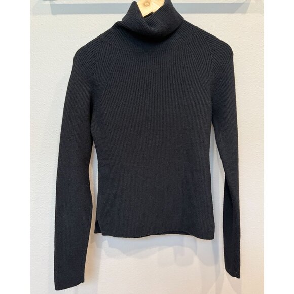 Theory Women's Wool Turtleneck Ribbed Long Sleeve Sweater Black Large Preppy - Picture 1 of 8